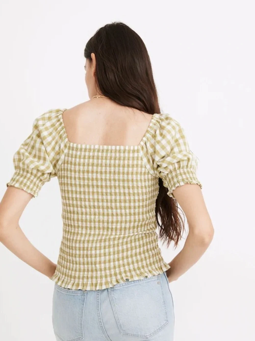 Madewell Olive & White Gingham Smocked Square-Neck Top